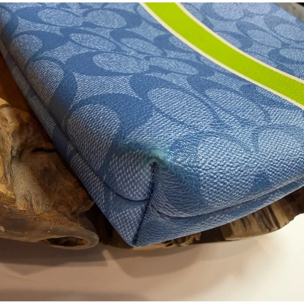 Coach Signature Blue Monogram Crossbody Bag Lime Green Stripe